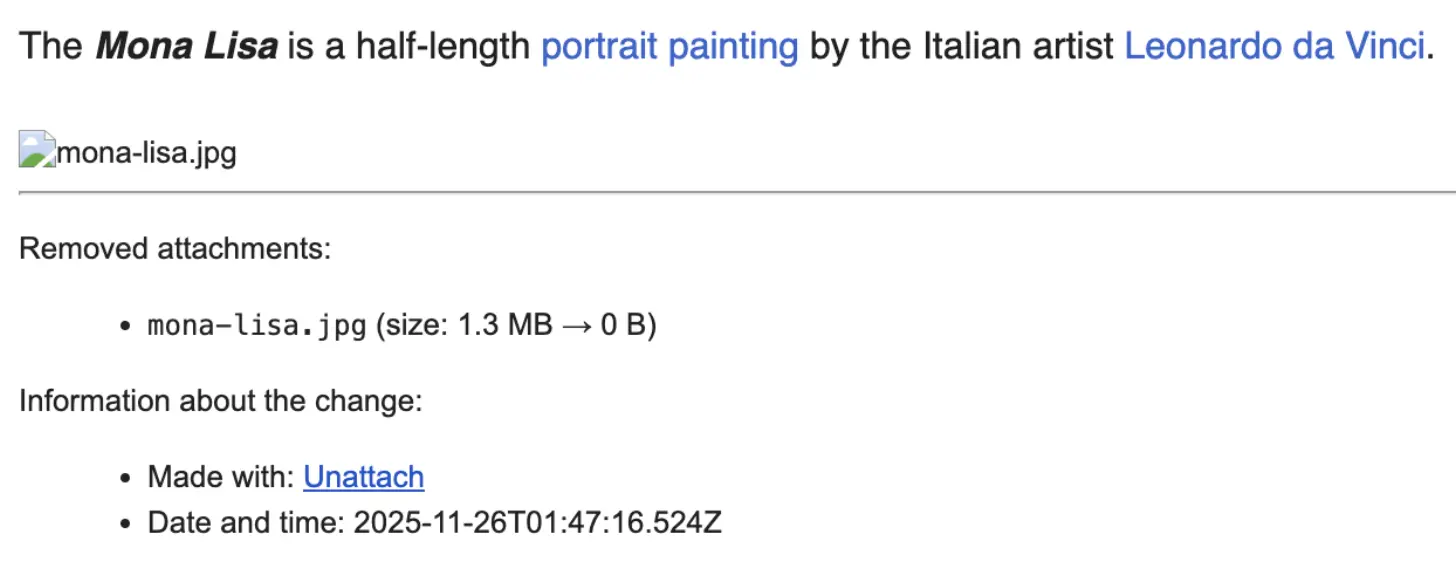 The email with the Mona Lisa attachment removed, as seen in Gmail's web interface