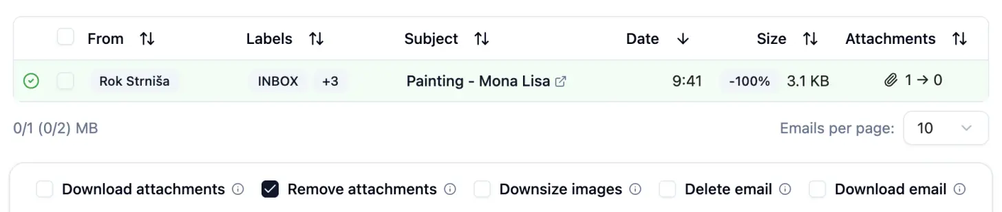 The Unattach status report after deleting an attachment