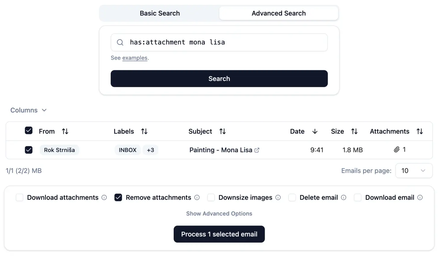 The search results in Unattach show the test email
